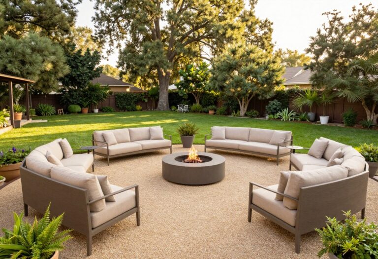A stylish gravel patio with a fire pit and outdoor furniture in a backyard