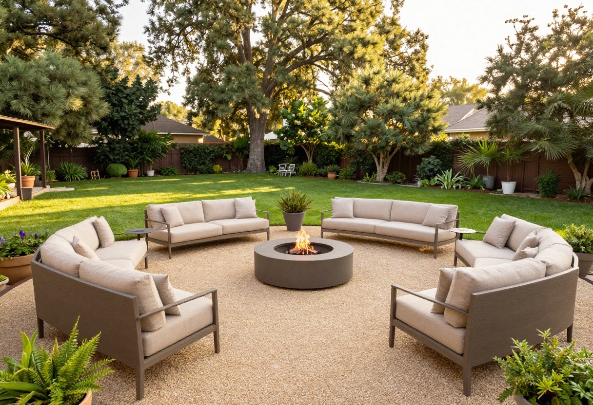 A stylish gravel patio with a fire pit and outdoor furniture in a backyard