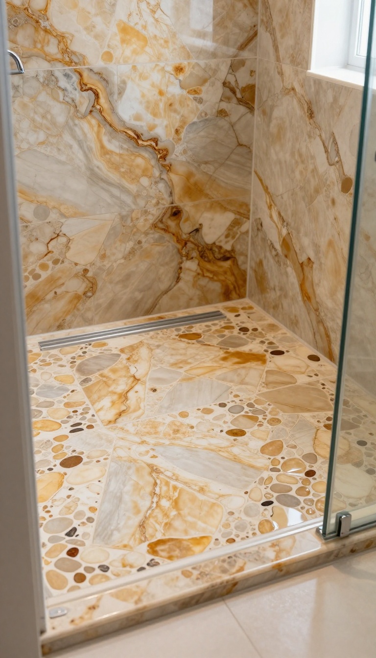 Onyx mosaic shower floor with pebble texture in warm honey tones