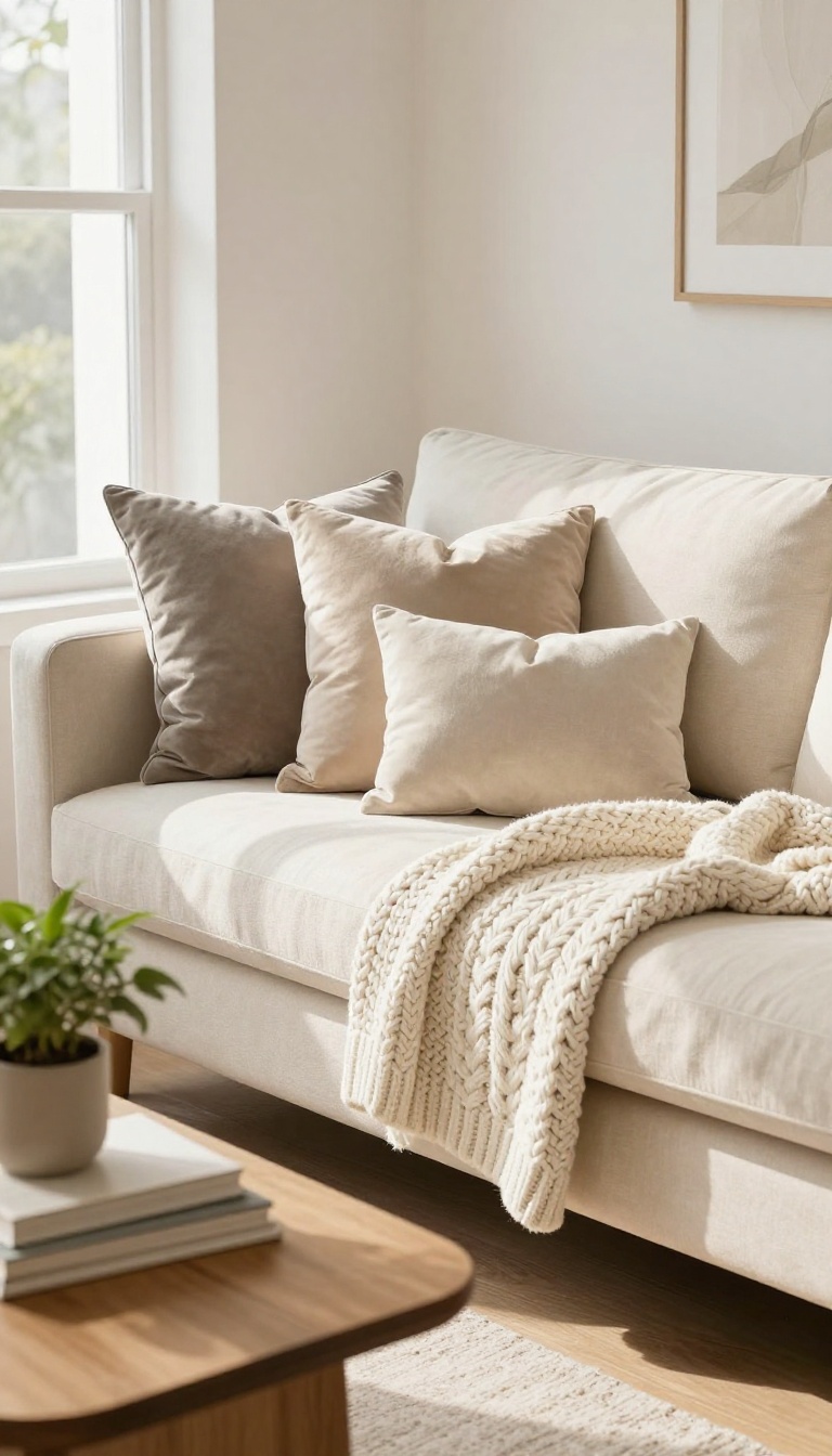 Living room with layered textured throws and pillows in neutral tones on a sofa and armchair, bathed in natural light.