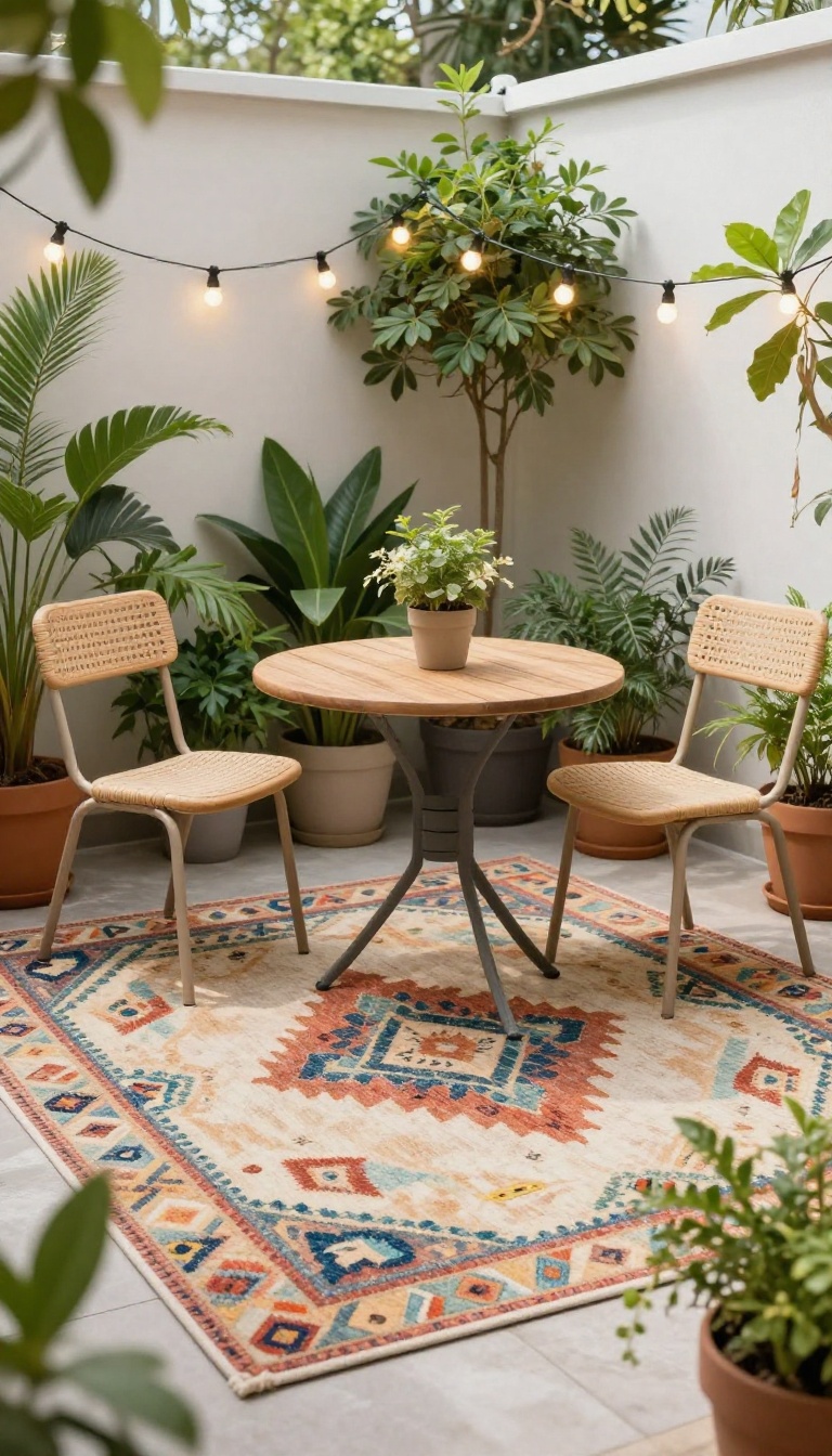 Small patio with a patterned outdoor rug under a bistro table and chairs, surrounded by plants and string lights