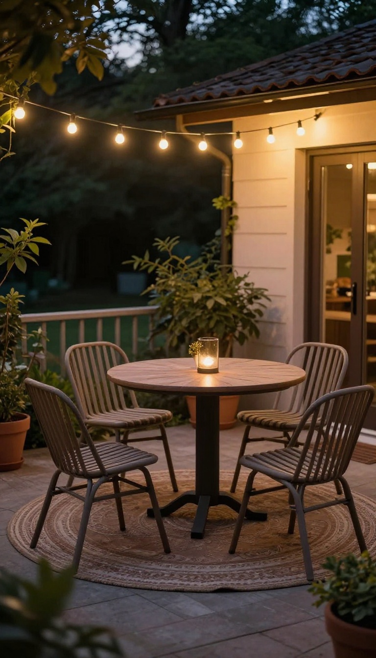 Small patio with warm string lights overhead, creating a cozy and open atmosphere at dusk