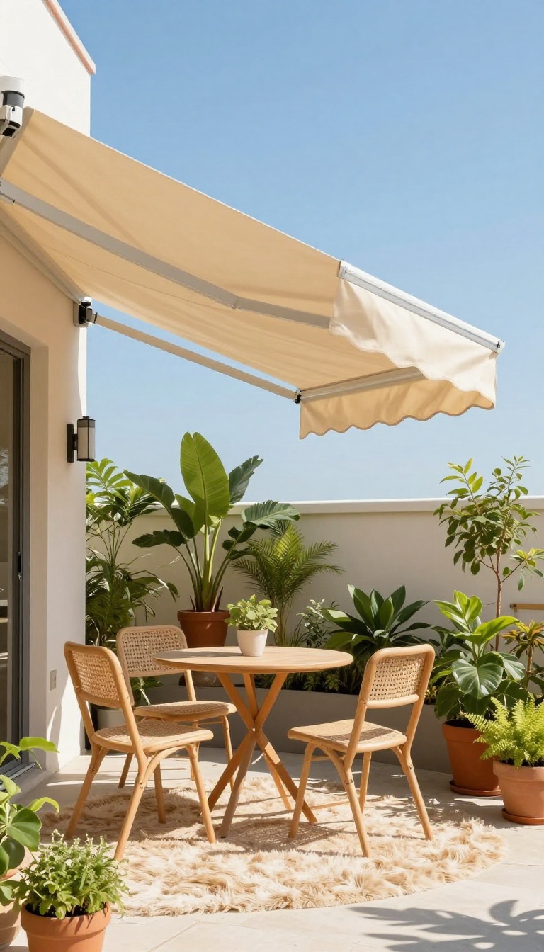 Apartment patio with retractable awning providing shade over a cozy seating area with bistro table and plants.