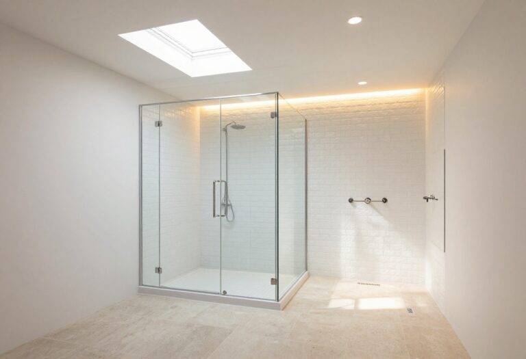 Bright basement shower with glass enclosure and skylight