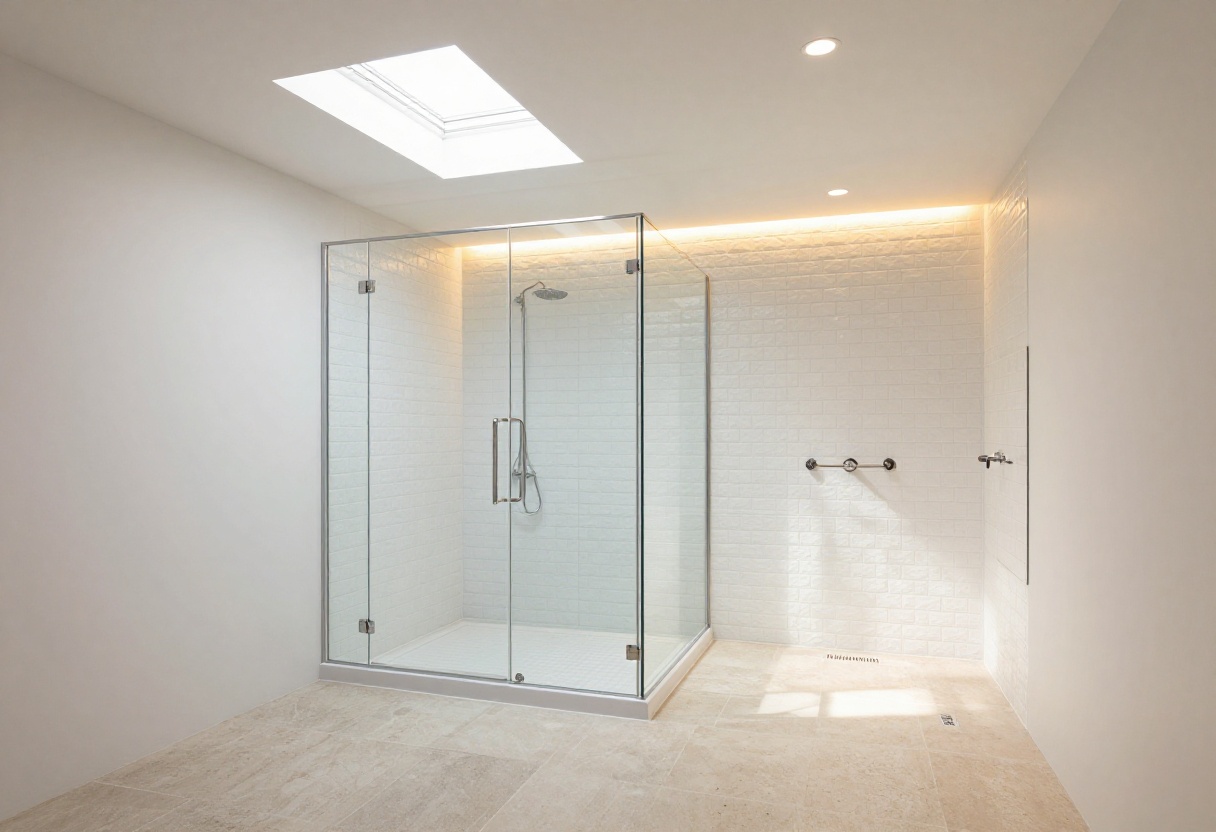 Bright basement shower with glass enclosure and skylight