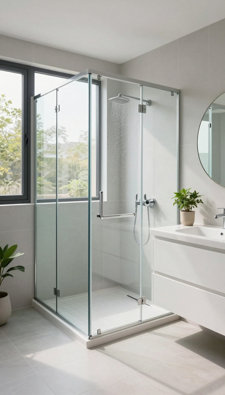 Bright basement bathroom with frameless glass shower enclosure, natural light streaming in, modern fixtures, and light gray tiles.