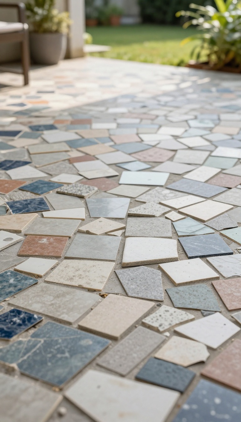 Close-up of a colorful mosaic patio floor made from broken tiles and concrete pieces, showcasing a creative and durable outdoor flooring idea.