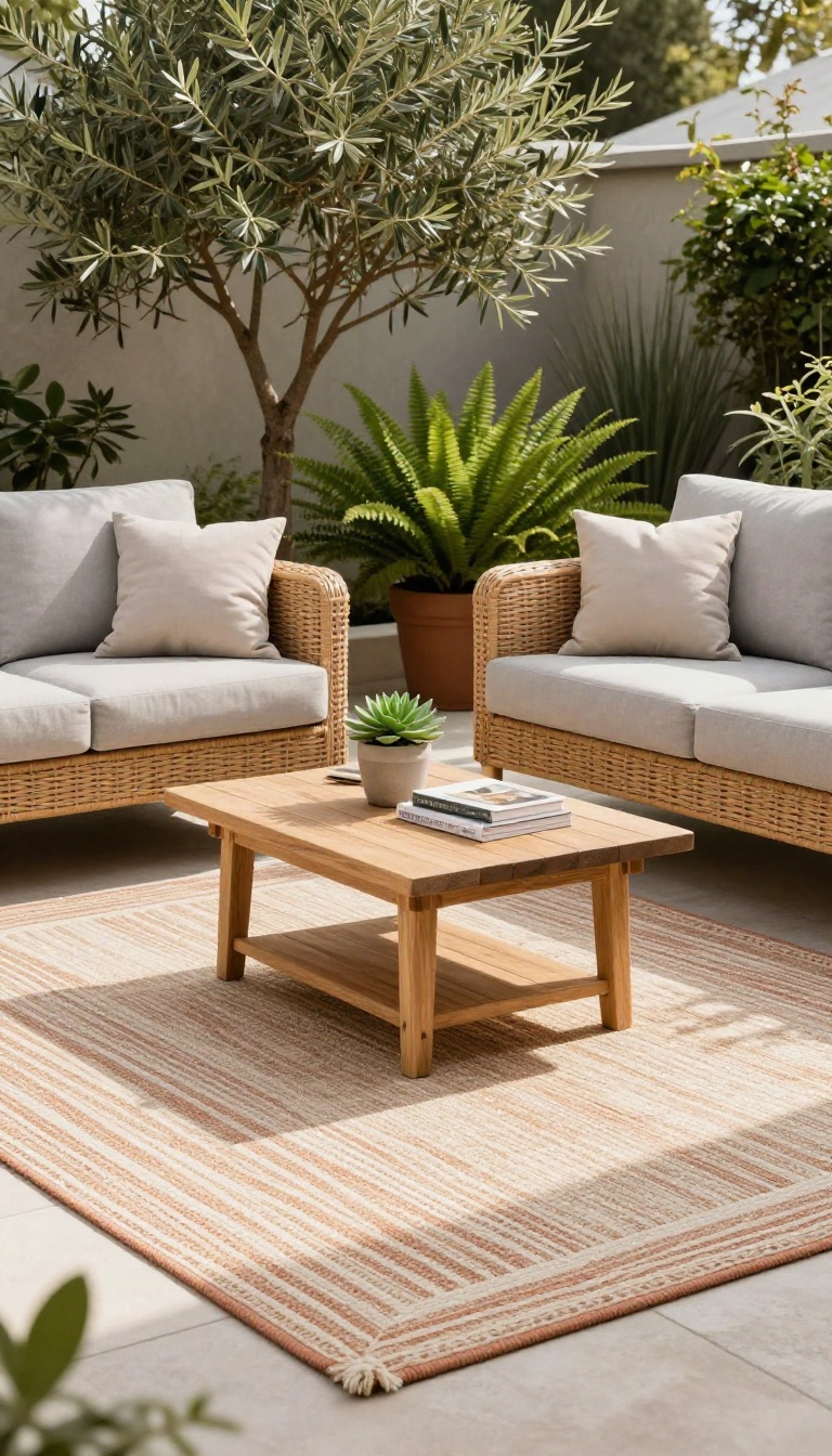 Outdoor patio with a large patterned rug under a wicker seating area, anchored by a coffee table and surrounded by potted plants.
