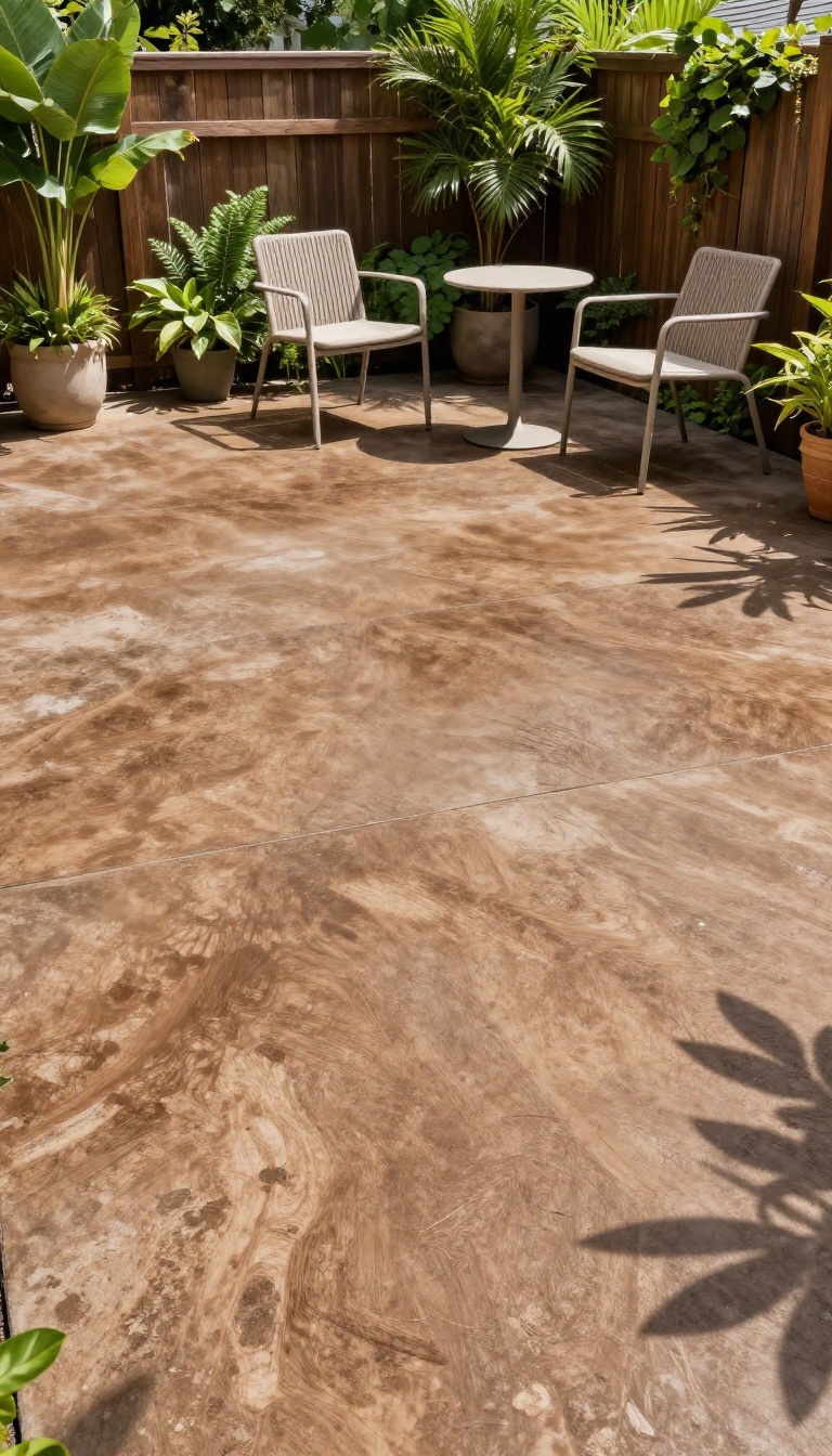 Stained concrete patio floor with rich earthy brown color, surrounded by plants and outdoor furniture in bright natural light.
