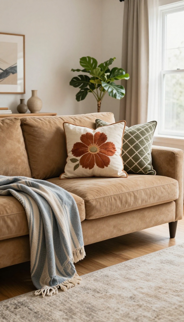 Tan couch with mixed floral, striped, and geometric pillows in warm tones, bright natural light, cozy living room