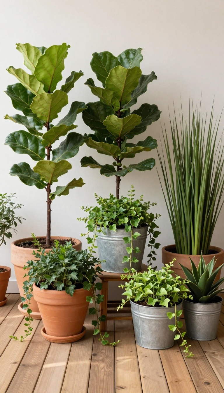 Back patio with potted plants of varying heights and textures, arranged in clusters, creating a lush and inviting outdoor space