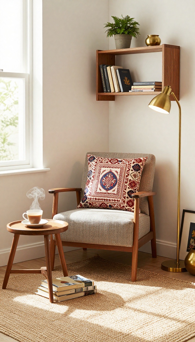 Cozy corner reading nook in a small Indian living room with a chair, bookshelf, and warm lighting
