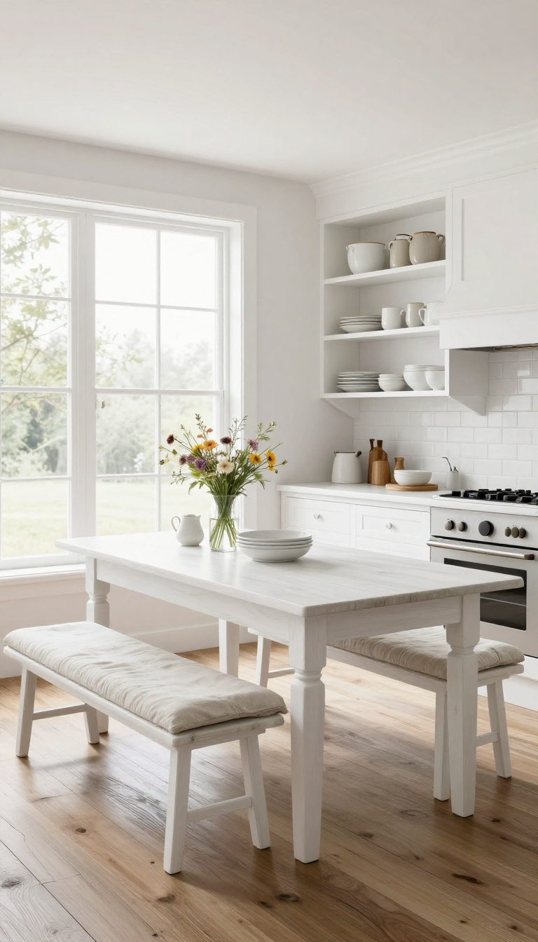 Modern farmhouse kitchen with a wooden farmhouse table and bench seating, featuring a washable cushion and natural light