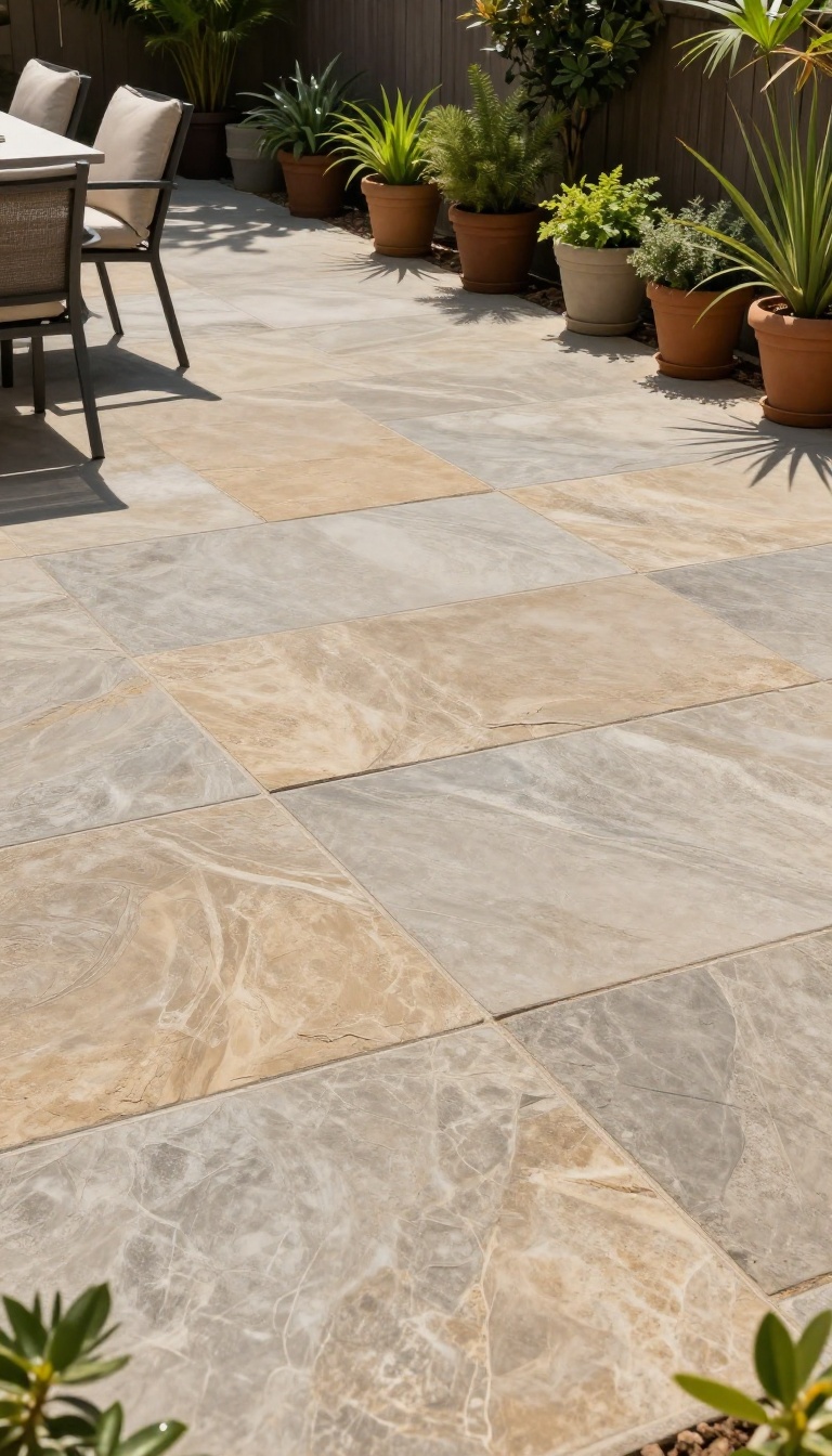 Stamped concrete overlay patio with stone-like pattern in a sunny backyard, surrounded by potted plants and outdoor furniture.
