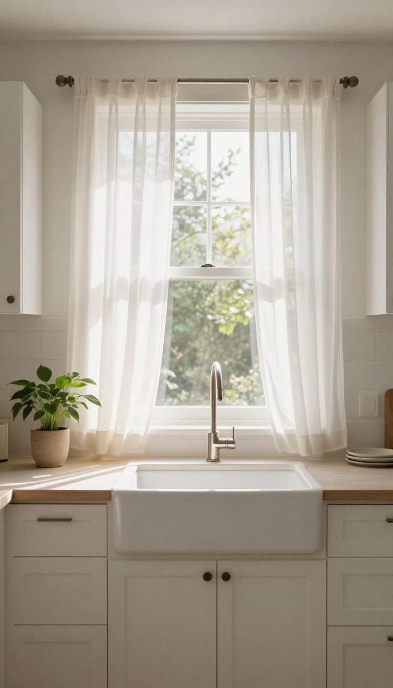Sheer curtains with a valance above a kitchen sink, letting in soft natural light