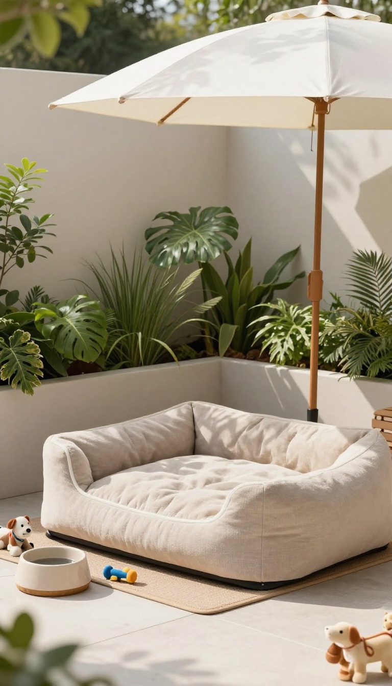 A pet-friendly corner patio setup with a cozy elevated dog bed, shade umbrella, water bowl, and toys, surrounded by planters.