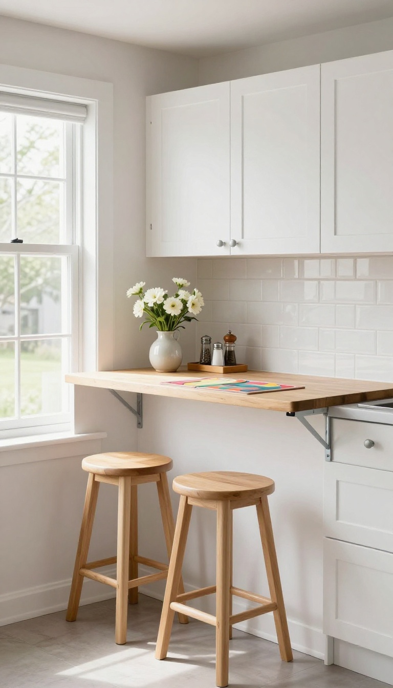 Fold-down breakfast bar in a small kitchen with stools tucked underneath and a vase of flowers on top