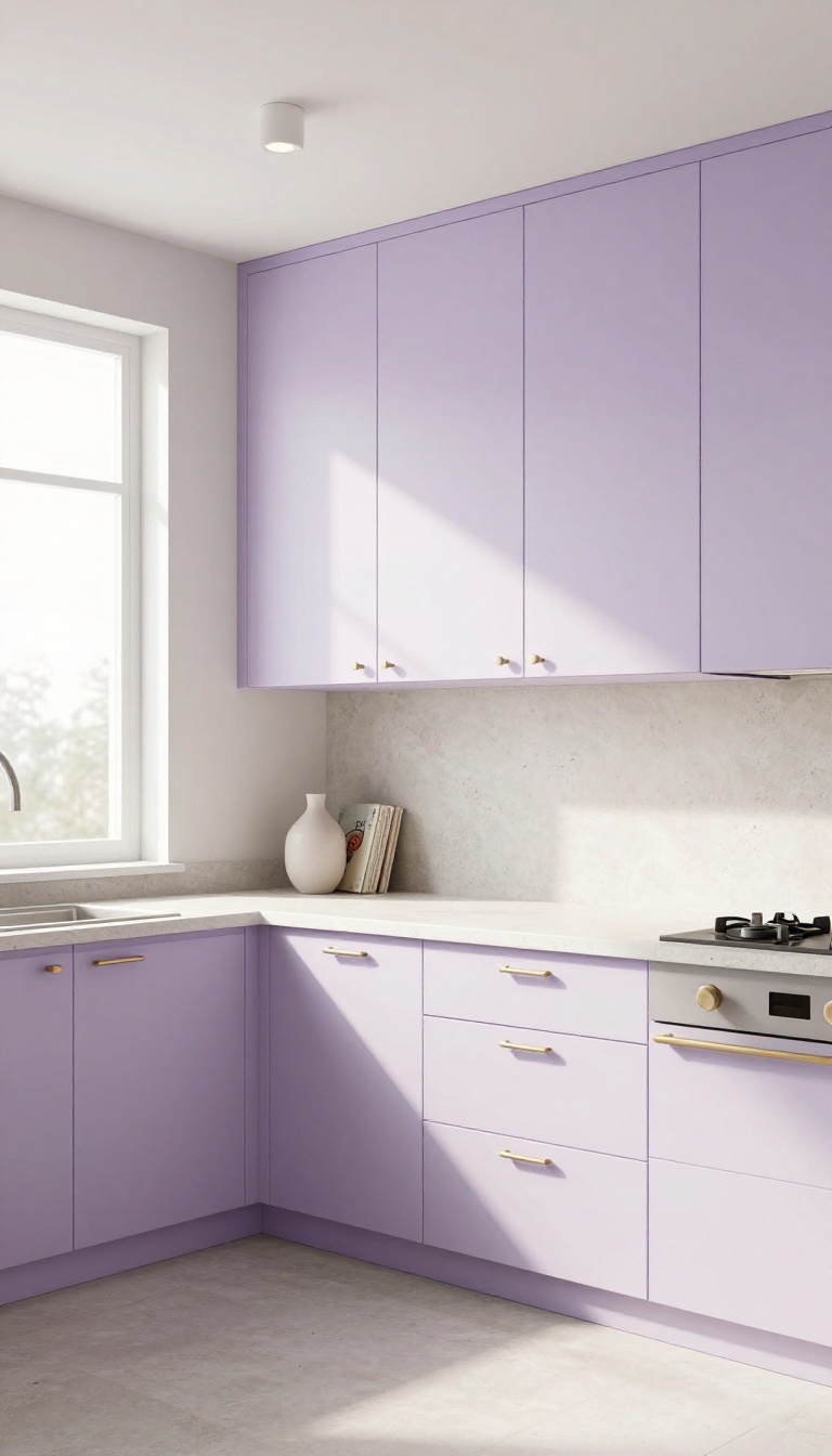 Kitchen with lavender upper cabinets and white lower cabinets, bright natural light, modern design