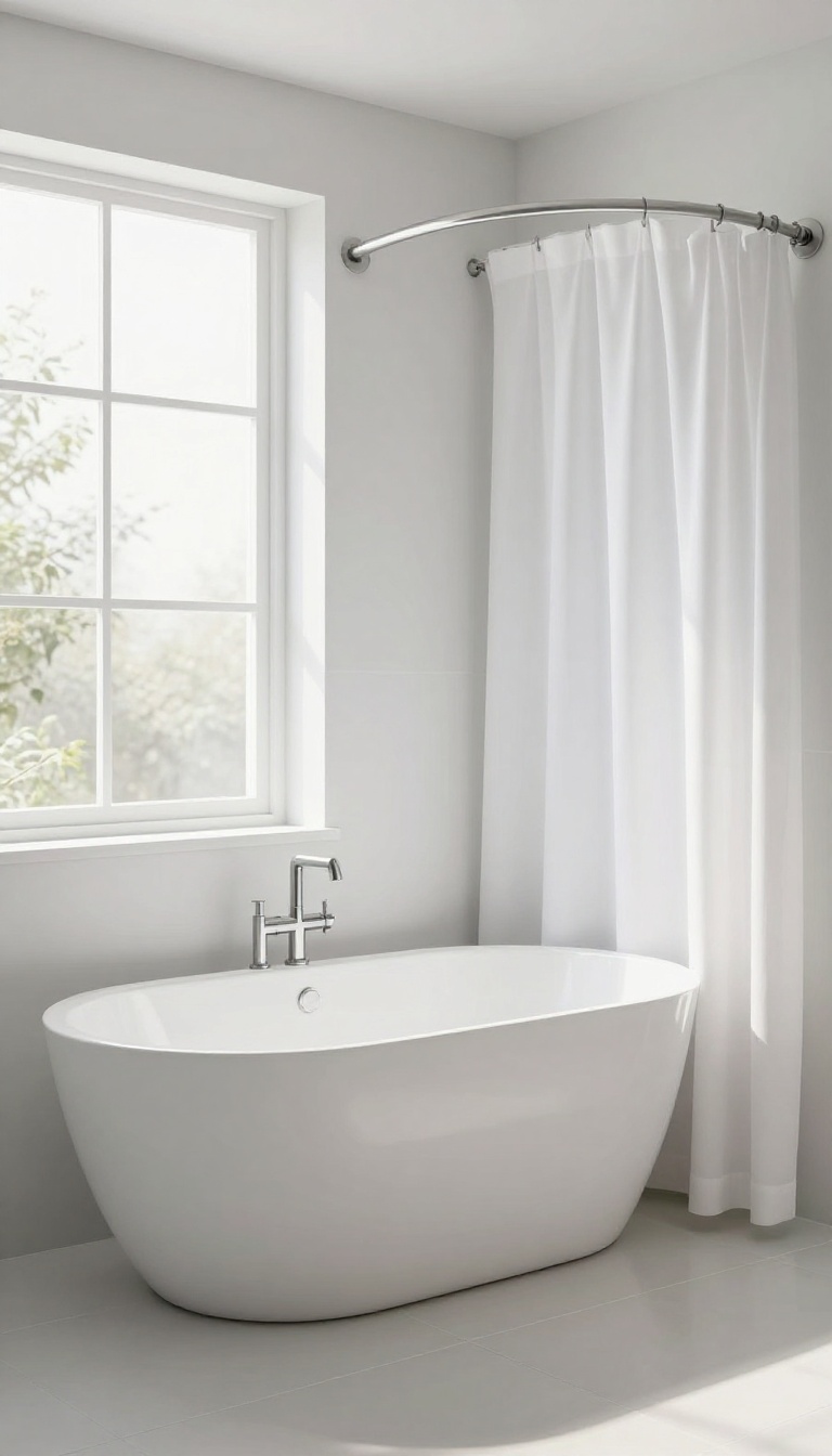 Freestanding tub with curved shower curtain rod in a bright bathroom