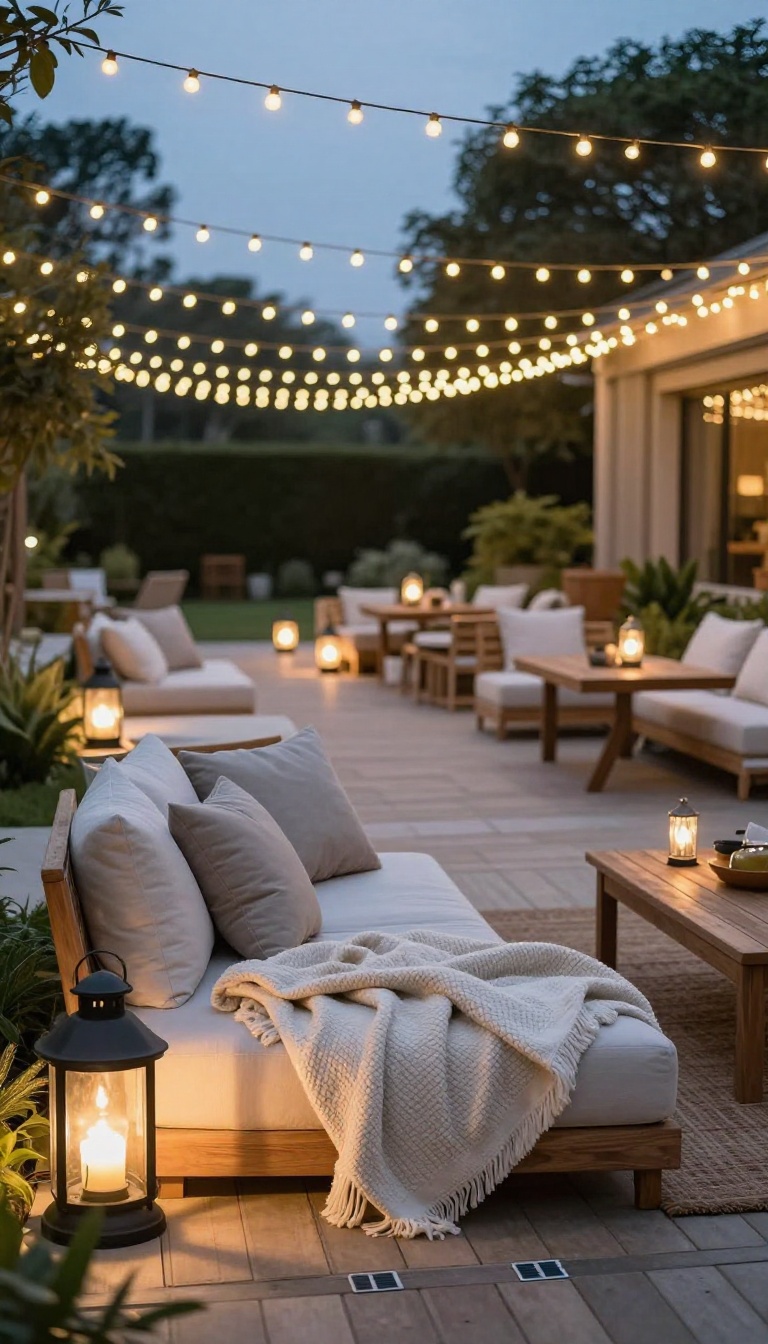 Patio at dusk with layered lighting: string lights overhead, lanterns on table and ground, and solar path lights along the walkway