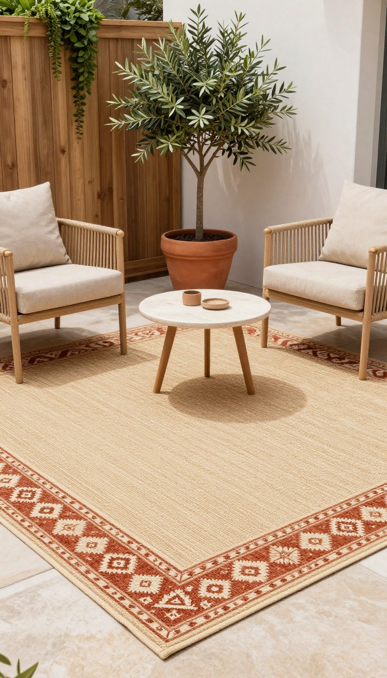 Layered outdoor rugs defining a cozy seating area on a small patio with bistro table and plants
