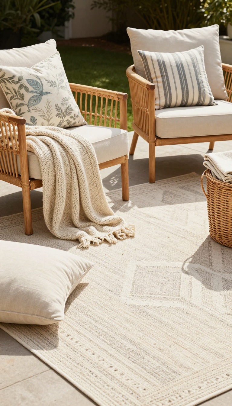Cozy patio seating area with layered textiles, including a patterned rug, mixed cushions and pillows, and soft blankets, creating a warm and inviting outdoor space.