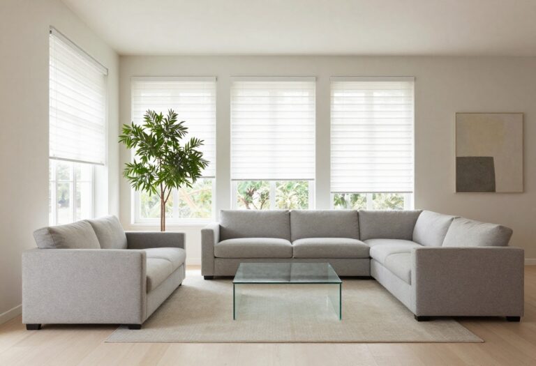 Modern living room with white wooden blinds on large windows