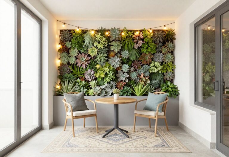 A cozy townhome patio with a bistro set, vertical garden, and string lights