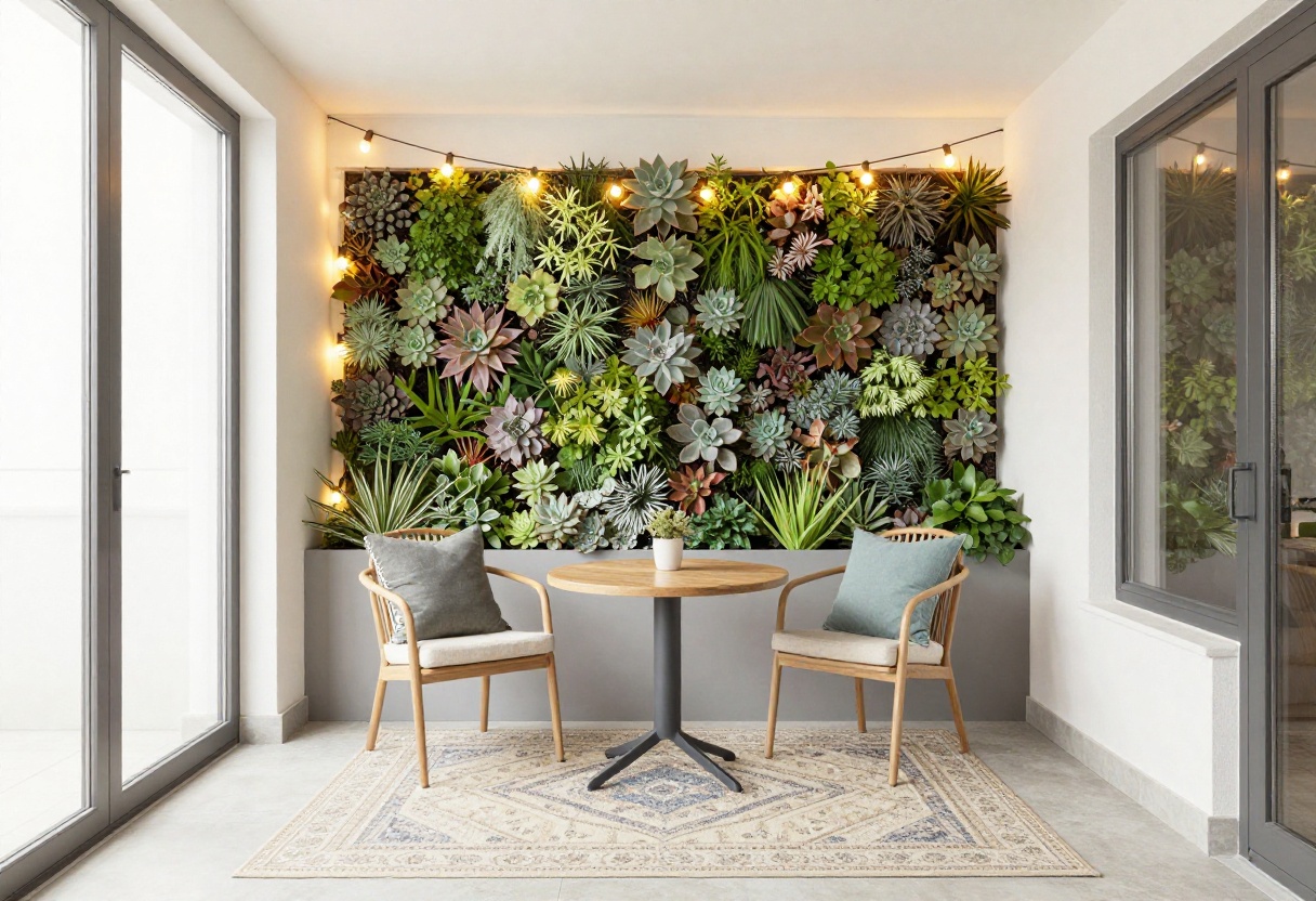A cozy townhome patio with a bistro set, vertical garden, and string lights