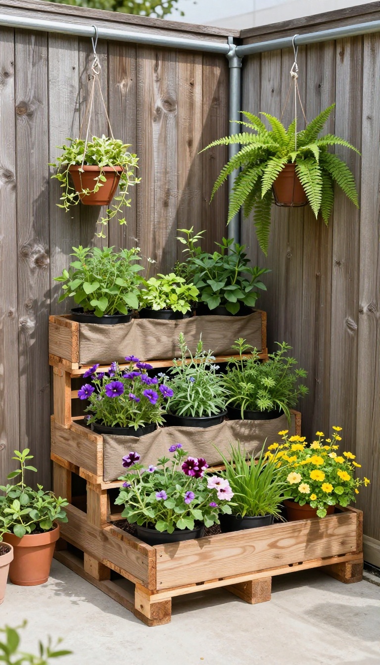 Vertical garden on a wooden pallet against a fence with hanging planters on a small patio
