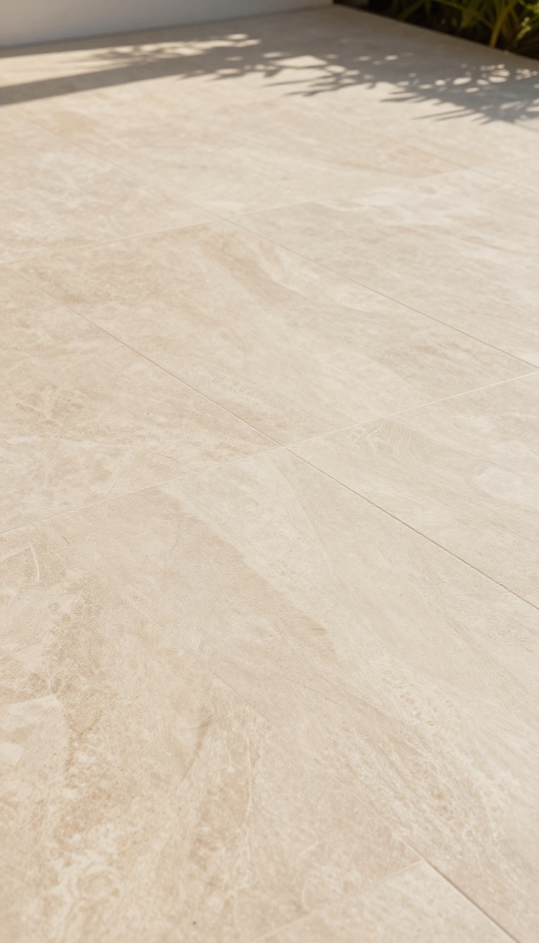 Close-up of large-format porcelain tiles on a patio floor, showing a seamless stone-like surface with minimal grout lines in bright natural light