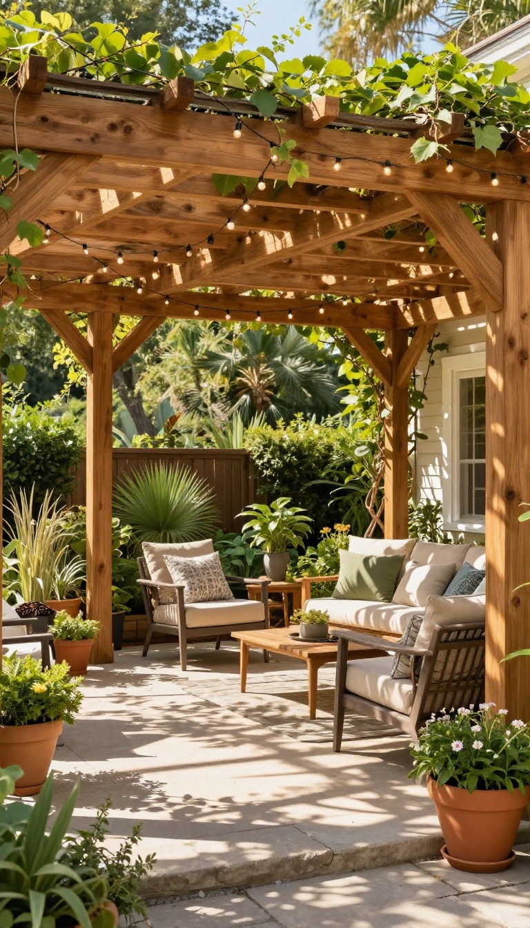 Classic wooden pergola with cross beams providing partial shade over a cozy patio with furniture and plants.