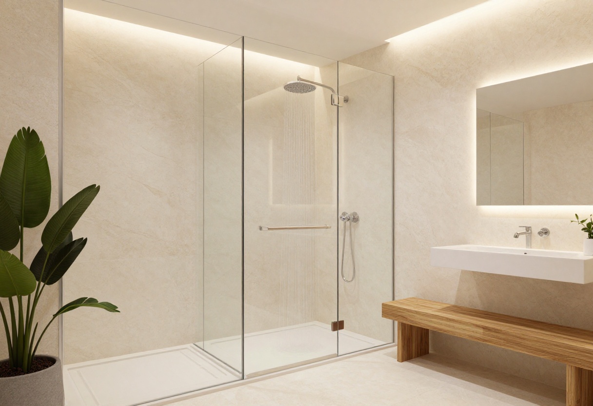 Luxurious walk-in shower with natural stone and rainfall showerhead