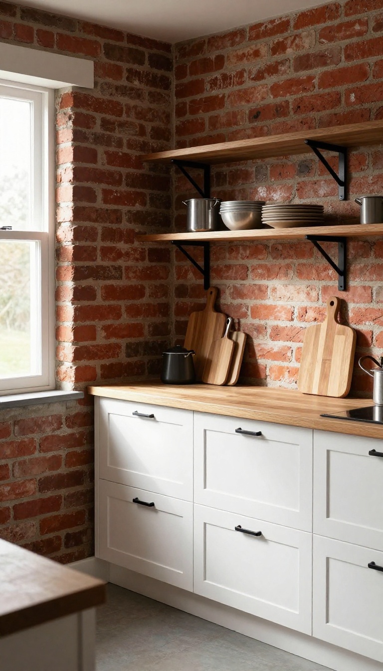Red brick accent wall in a farmhouse kitchen with white cabinets and wooden countertop