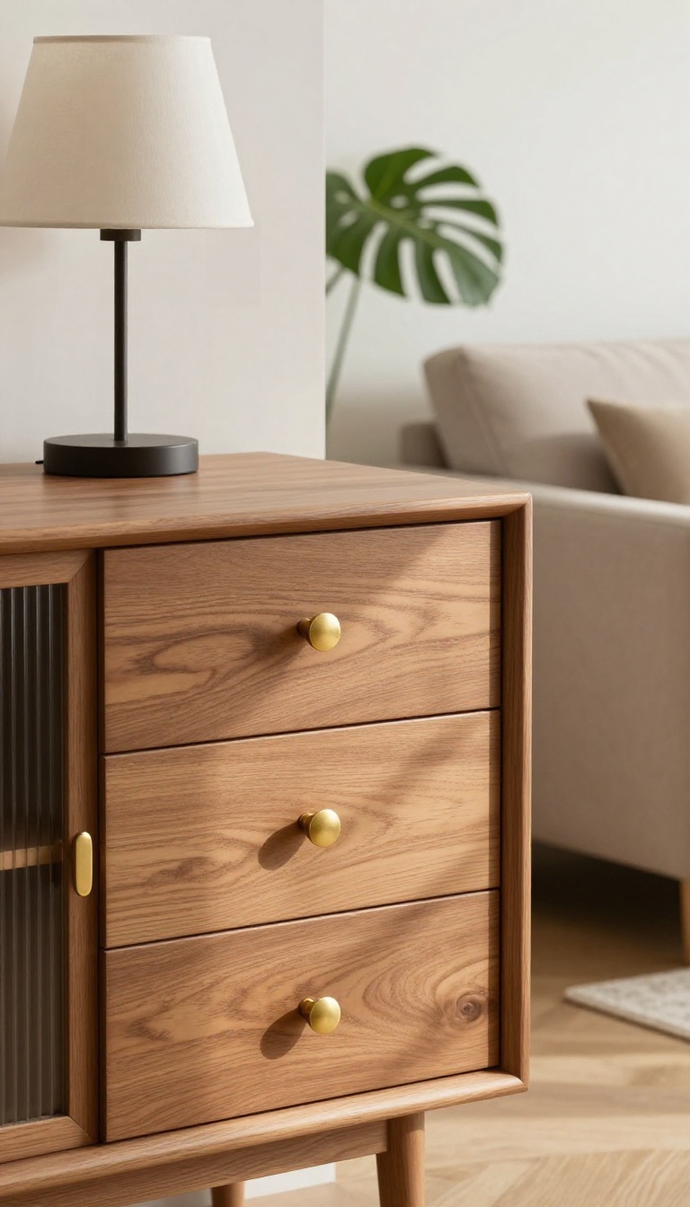Close-up of modern brass drawer pulls and a matte black switch plate in a bright, polished living room
