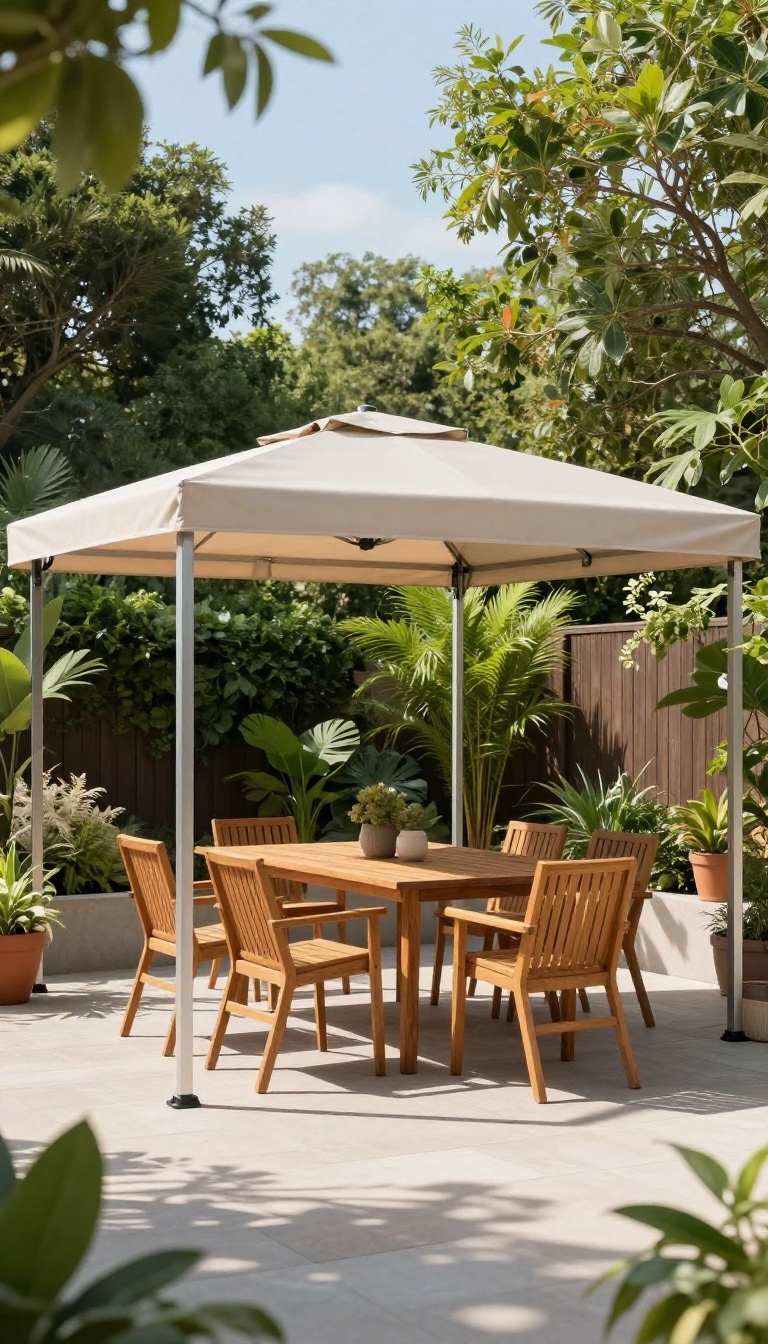 Freestanding patio canopy providing full shade over an outdoor dining area in a bright backyard.