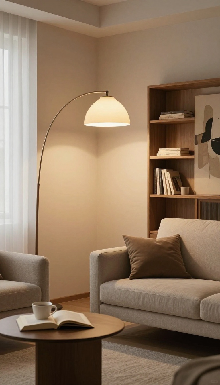 Cozy living room corner with a floor lamp creating a warm reading nook