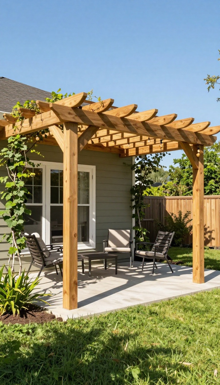 Classic wood pergola attached to a house providing a shaded patio area with outdoor furniture and string lights