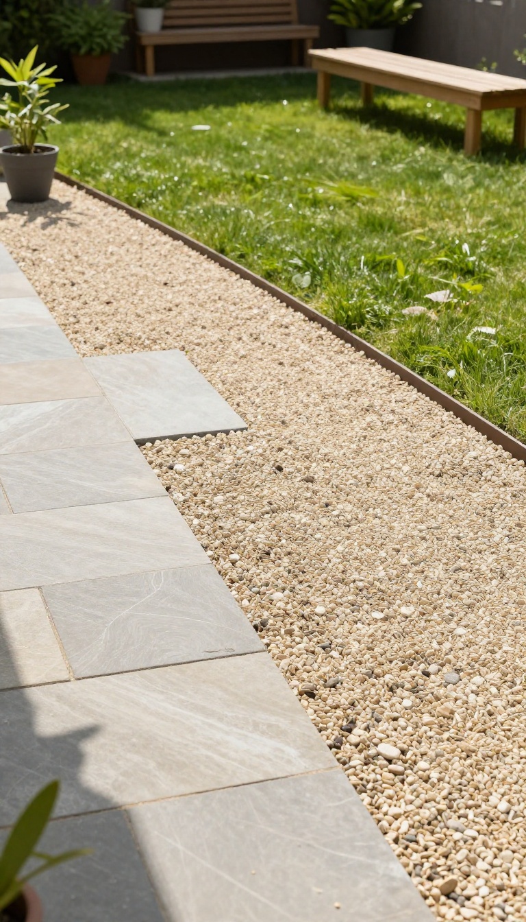A stone patio framed by a natural gravel border, with a lush green lawn in the background.