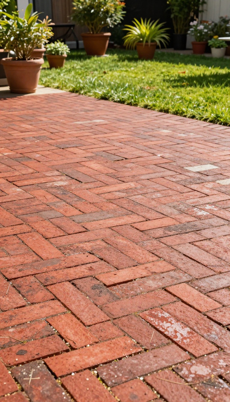 Brick paver patio with basketweave pattern in a sunny backyard
