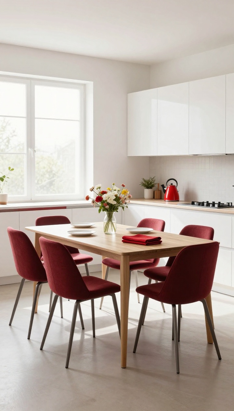 Bright kitchen dining nook with red upholstered chairs and wooden table