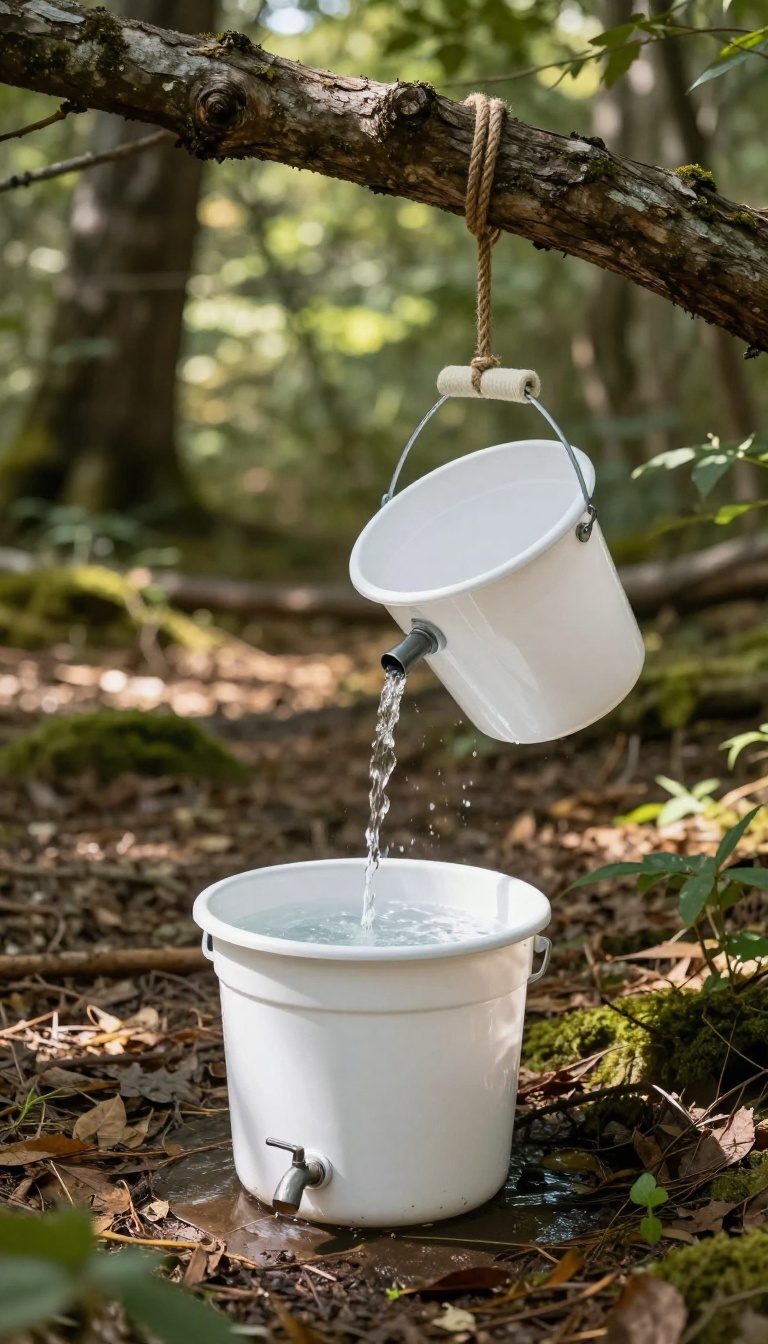 DIY bucket shower with spigot hanging from a tree branch in a sunny forest