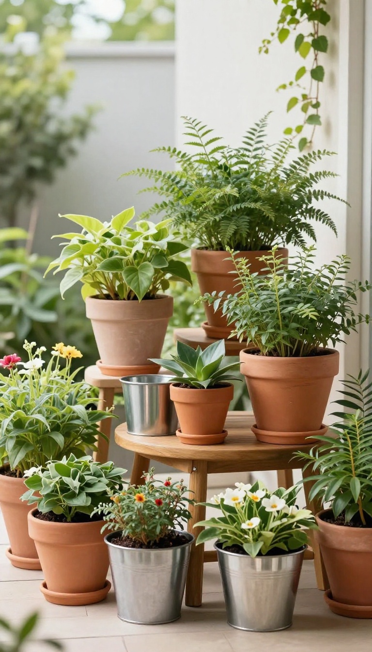 Small patio garden with layered pots in terracotta, ceramic, and metal at different heights, creating a textured, lush retreat.