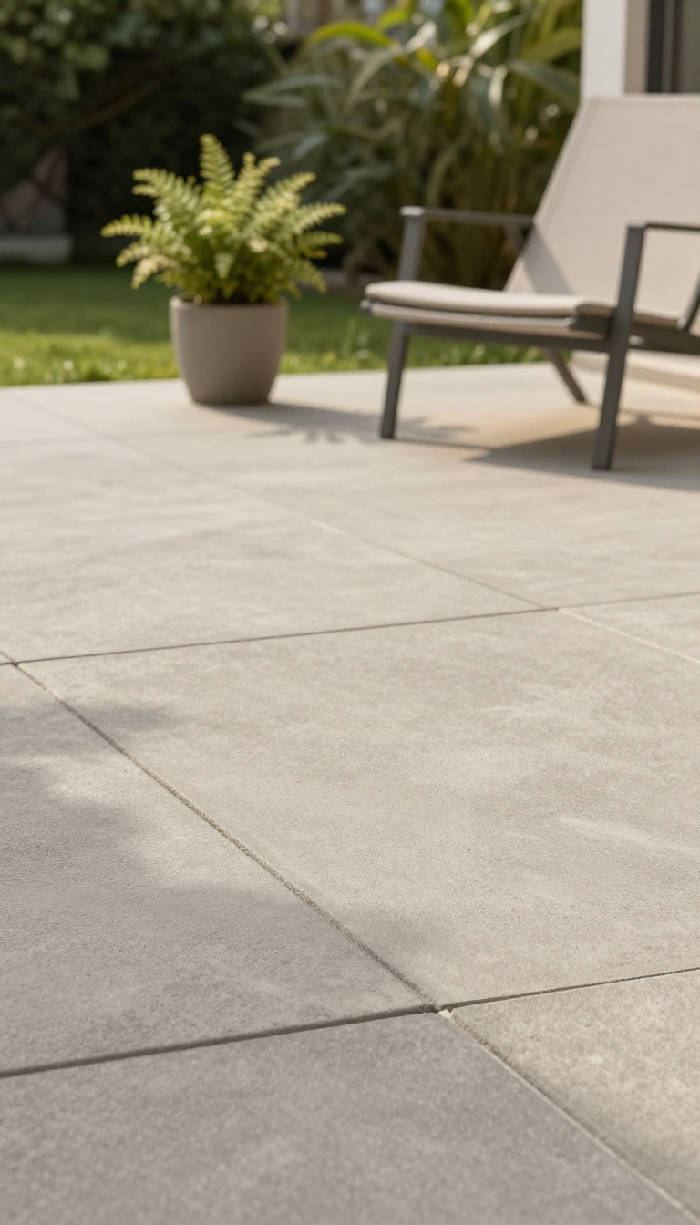 Paver patio over concrete with modern outdoor furniture and natural light