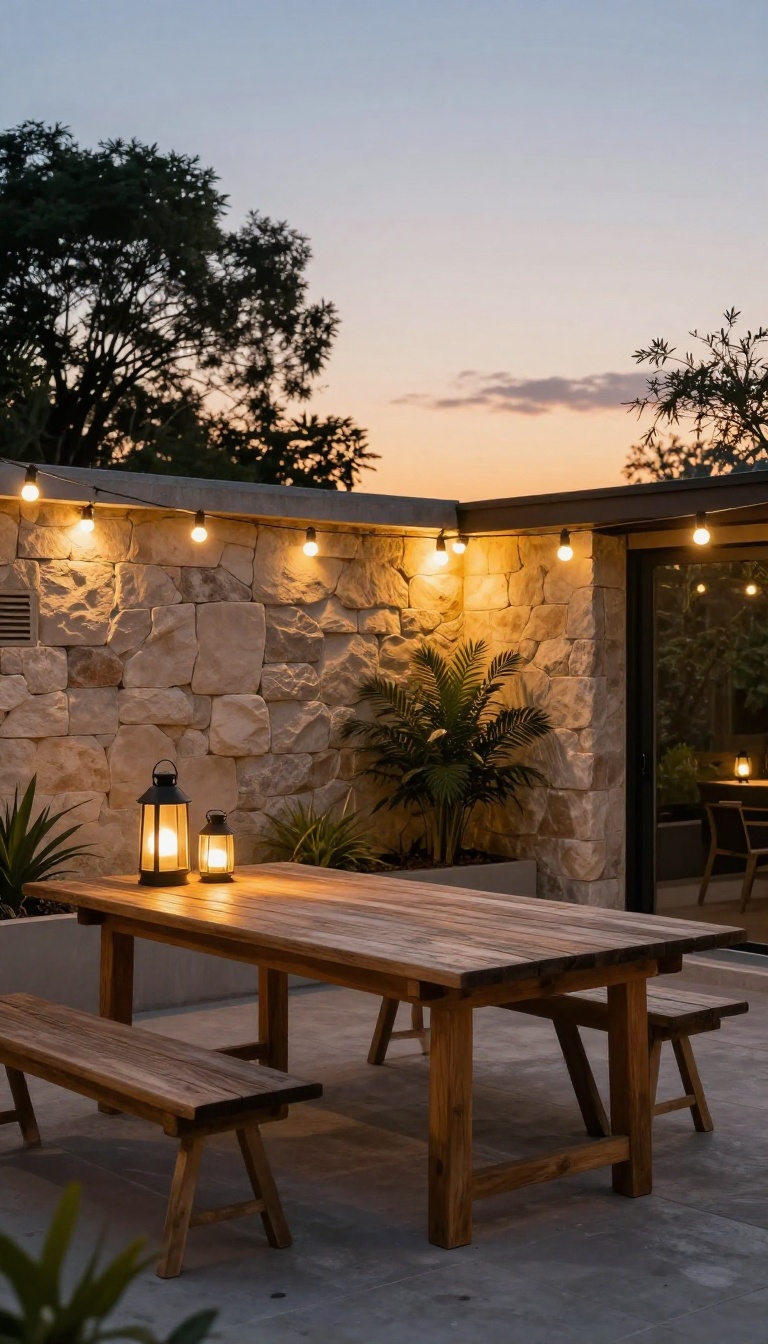 Cozy patio at dusk with string lights, lanterns, and spotlights highlighting landscaping features