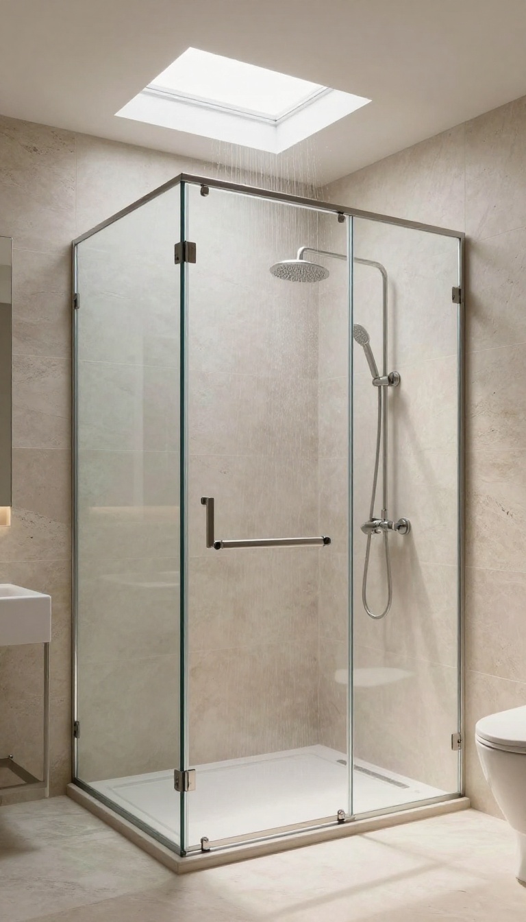 Walk-in shower with skylight and high frosted window for natural light