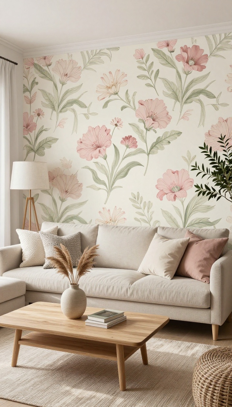 Living room with a floral removable wallpaper accent wall behind a beige sofa and coffee table, styled with neutral decor and natural light.