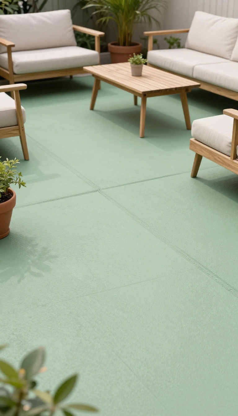 Patio floor painted in sage green with a geometric pattern, surrounded by plants and outdoor furniture.