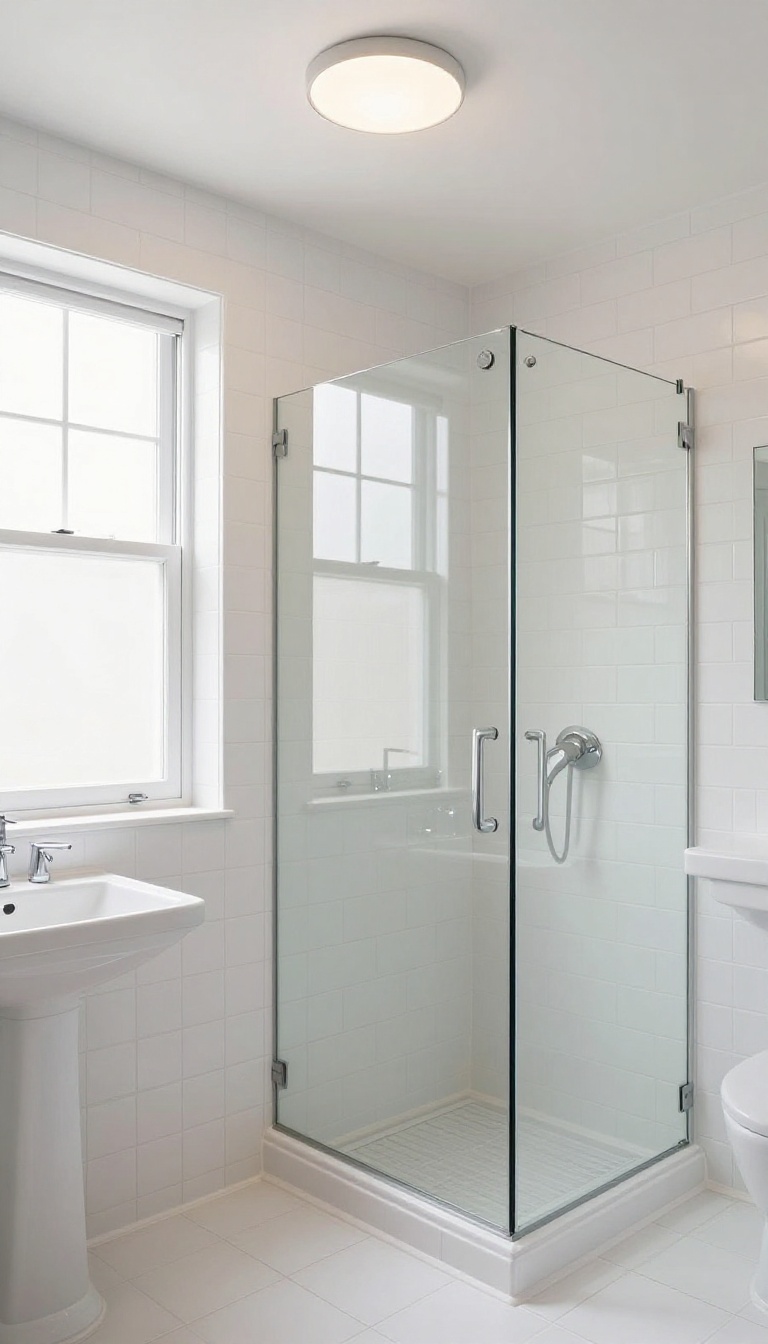 Large mirror reflecting light in a bright basement shower