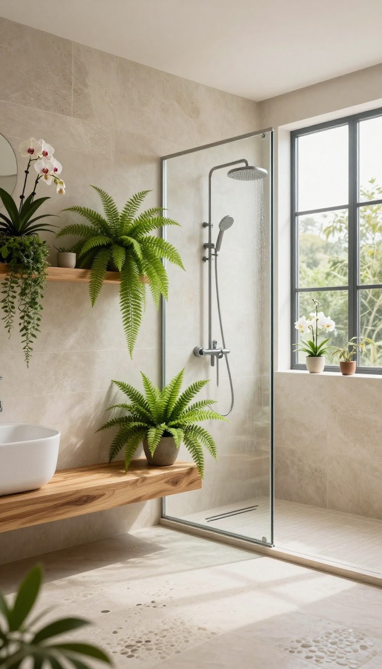 Open shower with lush tropical plants and natural light, no glass enclosure
